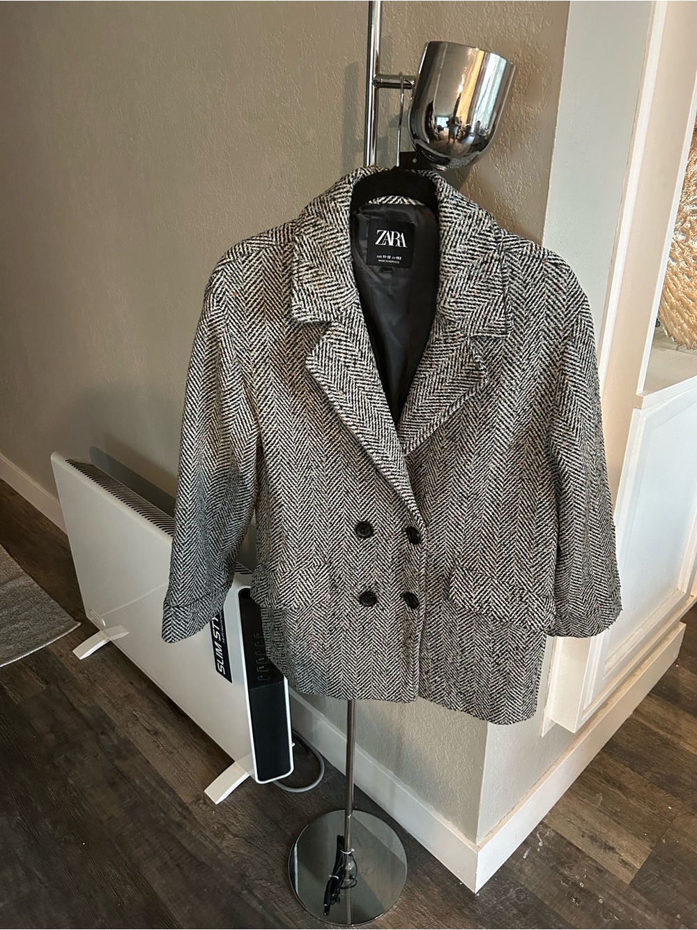 Zara Black & White Herringbone Tweed Double-Breasted Jacket